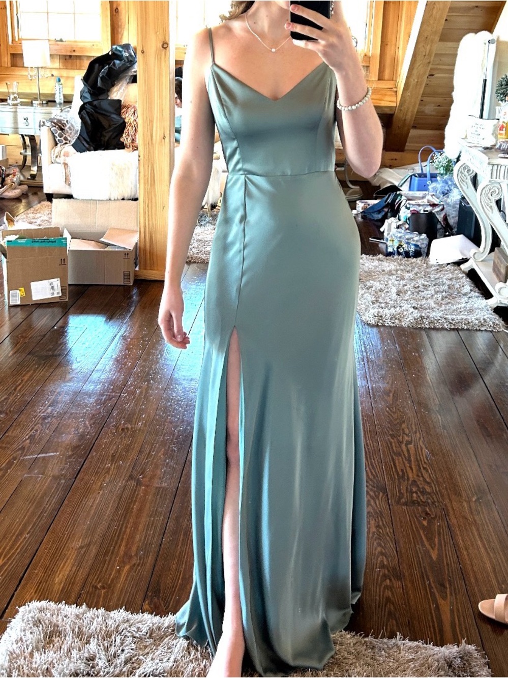 Satin V-Neck Sage Green Formal Dress